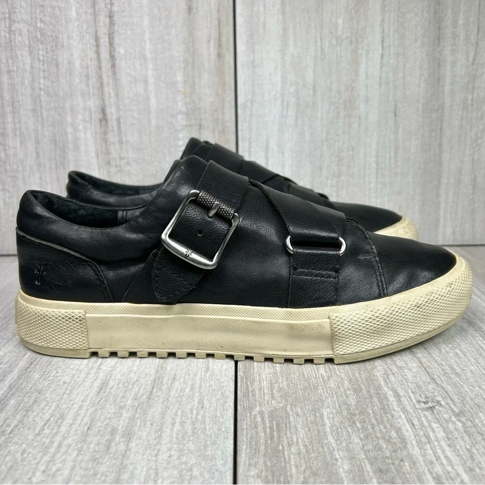 Frye Gia Low Moto Buckle Harness Black Leather Sneaker Shoes Women’s Size 8 - Picture 1 of 11